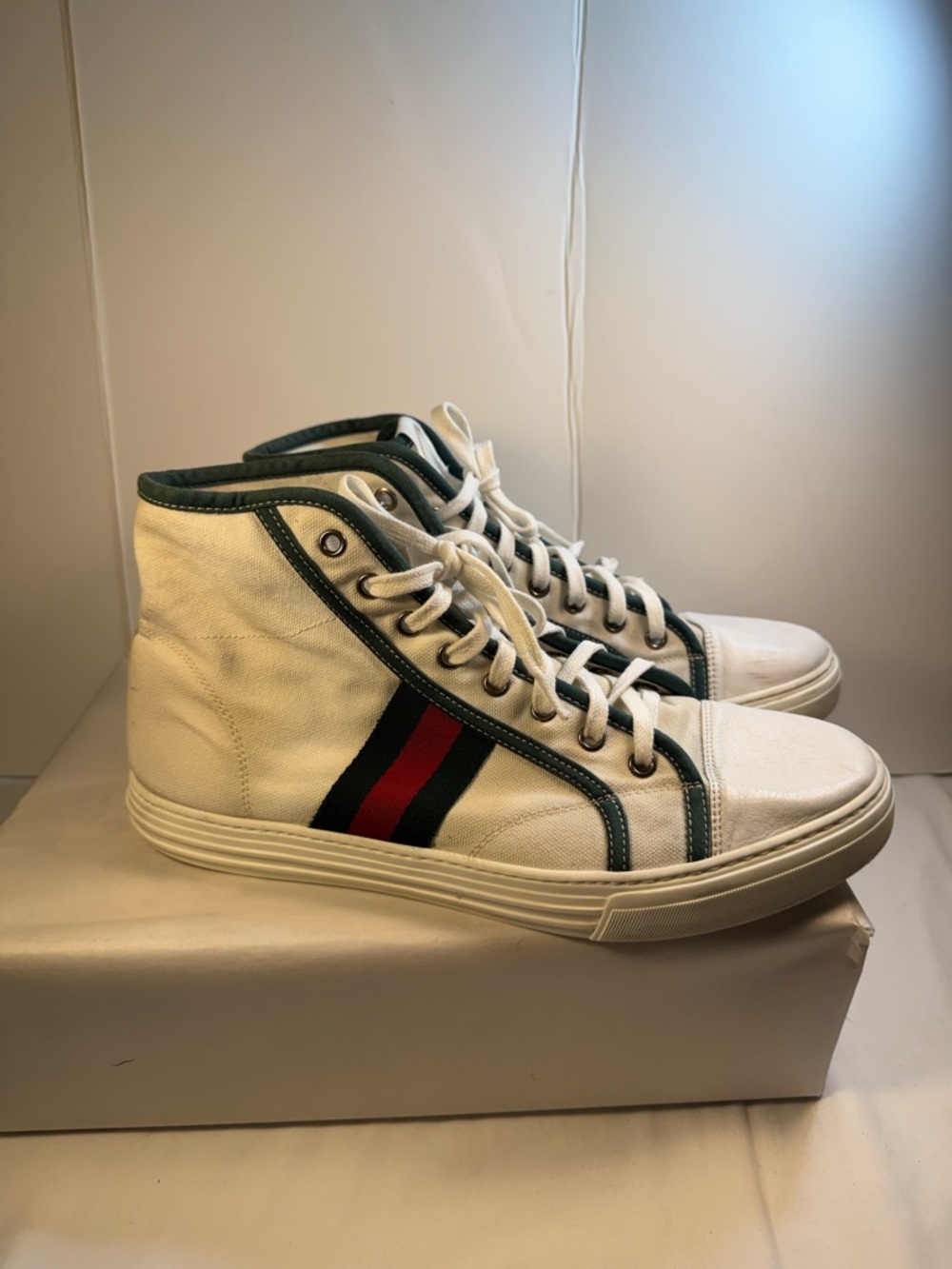 Gucci White High-Top Canvas Sneakers with Green Trim and Red-Black Stripe